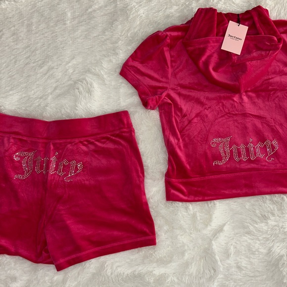 JUICY COUTURE OG BLING RHINESTONE VELOUR VIXEN PINK SHORT-SLEEVE & SHORT SET NWT - Picture 6 of 16